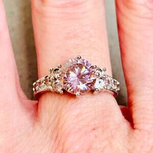 Sparkly Pink Center Stone Pink Side Accents Silver Tone Cocktail Ring Size 6